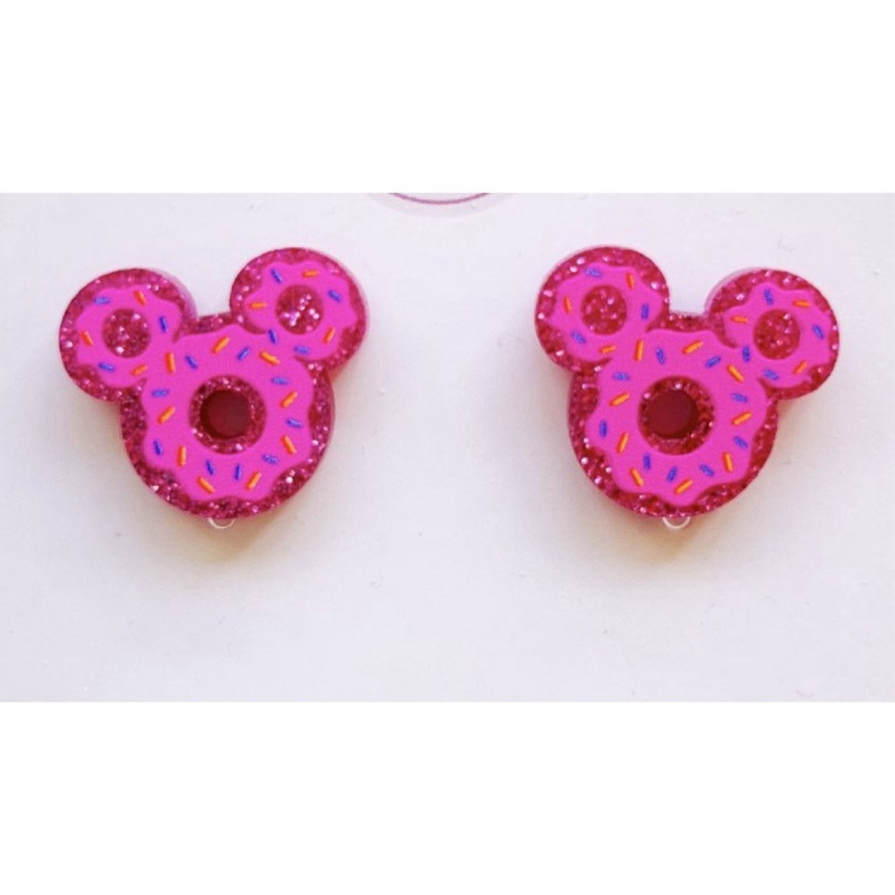 Pink glitter donut Minnie Mouse earrings
